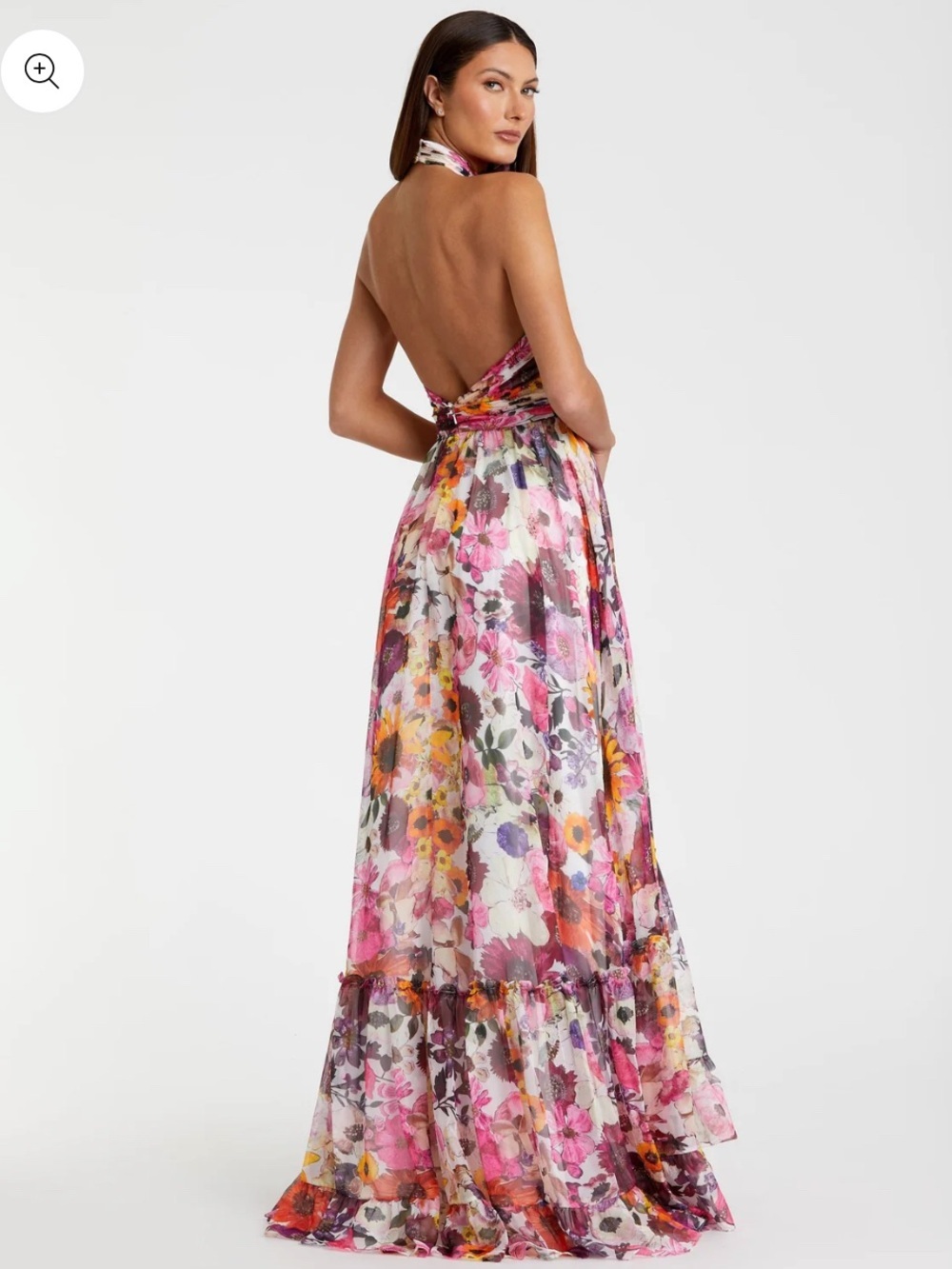 MAC DUGGAL Multicolor Asymmetrical Ruffled Halter Floral Gown - Picture 3 of 7